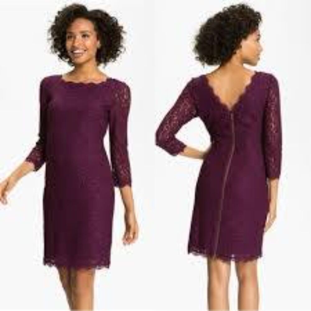 Adrianna Papell Evening Purple Lace Long Sleeve Dress Size 8